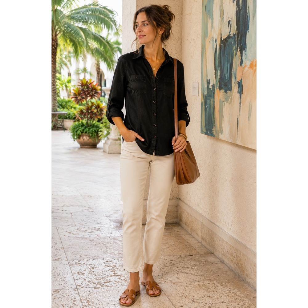 XCVI Women Small Black Cotton Utility Button Front Shirt Roll Tab Sleeves Boho